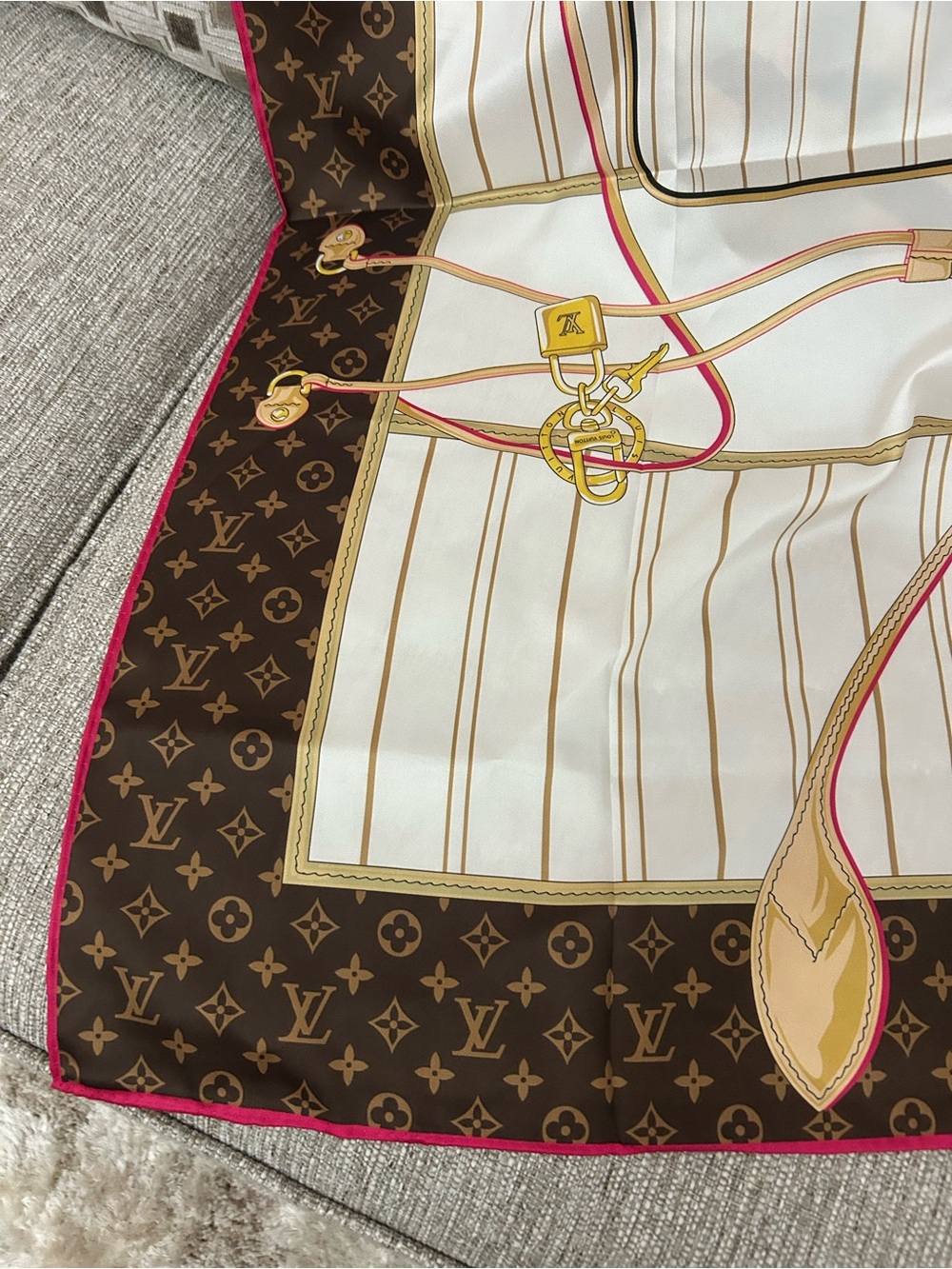 Louis Vuitton Brown Monogram Silk Scarf with Cream, Pink and Gold Accents - Picture 2 of 5